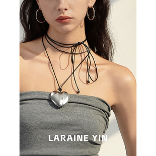 送银色金属链条 大爱心吊坠项链高品质甜酷锁骨链 LARAINE YIN长款