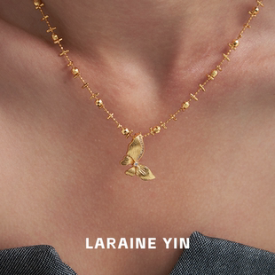 LARAINE YIN金色古法拉丝蝴蝶项链镶钻吊坠锁骨链小众高级感颈链