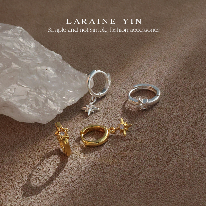 镶钻六芒星耳环女小众设计感冷淡风耳钉不对称耳饰叠戴五角星耳扣