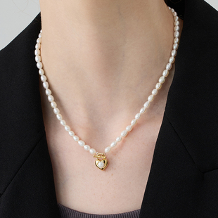 LARAINE YIN小众淡水珍珠通体银爱心吊坠项链女轻奢复古毛衣链