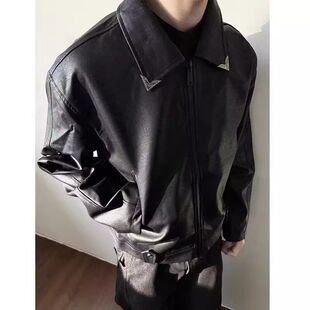 皮衣黑色潮牌肌理夹克外套男设计感裂纹春秋痞帅炸街美式复古翻领