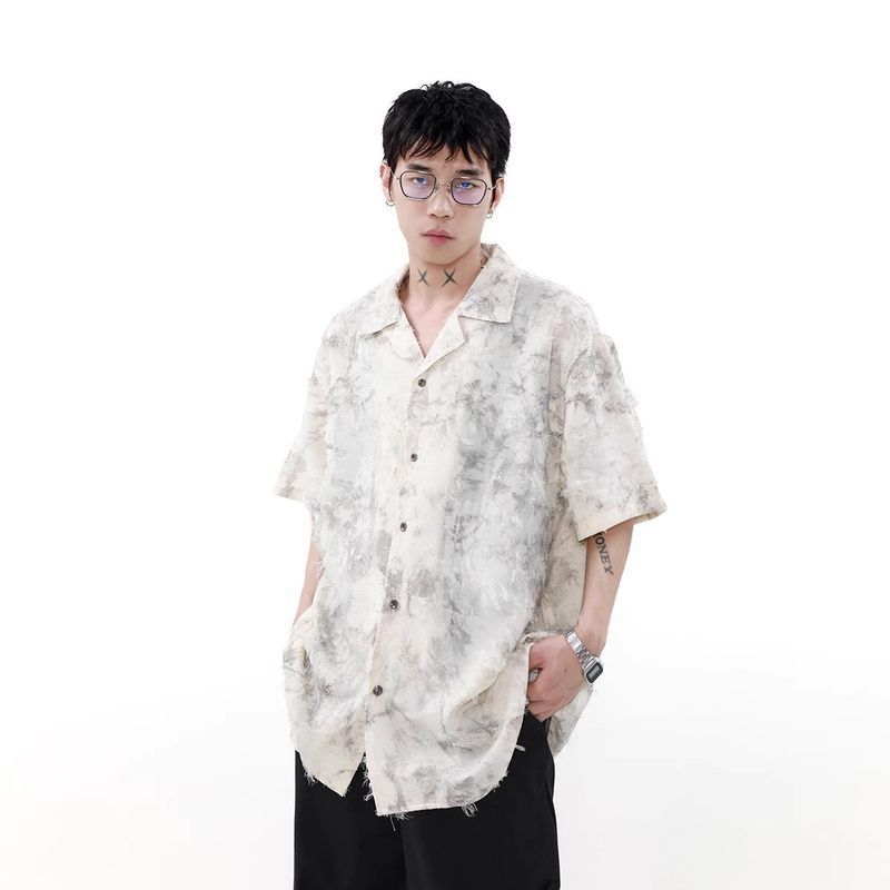 复古小众短袖衬衫潮设计感毛边