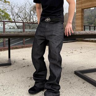 牛仔裤黑水洗高弹力修身Vintage男潮复古盎司517微喇原牛美式百搭