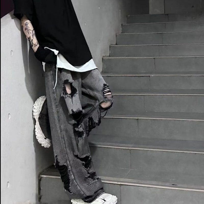 新品潮牌痞帅长裤美式街头男2024ins宽松破洞牛仔裤做旧直筒阔腿