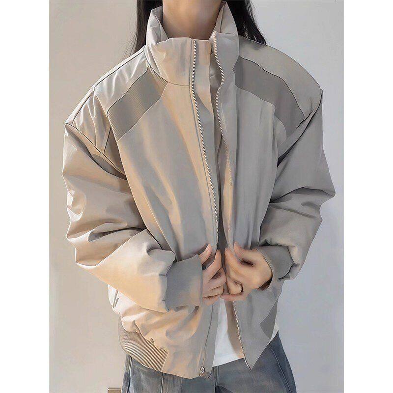 立领棉服美式冬季飞行加厚男女外套服棉衣灰色浅短款boxy夹克棒球