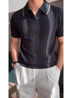 olo成熟领衫黑色男针织剪刀Vt恤P领男装正肩短袖稳重薄款冰丝夏季