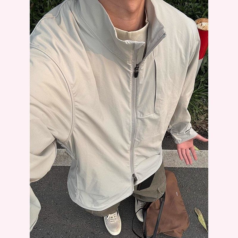 薄款高级感美式速干户外防晒衣防晒炸街男款夏季外套夹克立领灰色