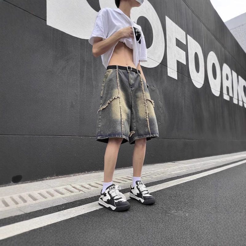 高街黄色五分裤过膝做旧泥夏季男牛仔短裤水洗子马裤复古毛边美式