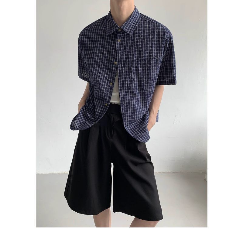 上衣设计感高级感慵懒短袖衬衫休闲男小众衬衣格子工厂 韩版夏季