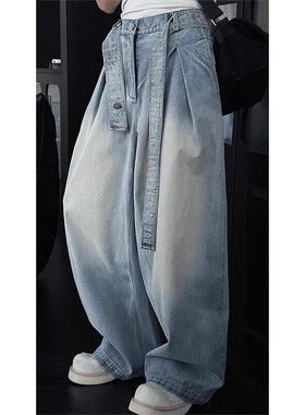 复古美式设计感蓝色直筒美式弯刀腰带阔腿高级感牛仔裤男裤子春秋