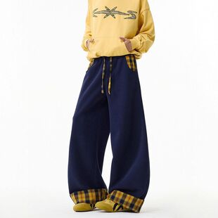 潮牌拼接子长裤 高街休闲裤 男女复古hiphop格纹阔腿裤 运动冬季 美式