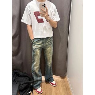 水洗le复古微喇裤c春季anfit修身男款vibe直筒美式潮牌高街牛仔裤