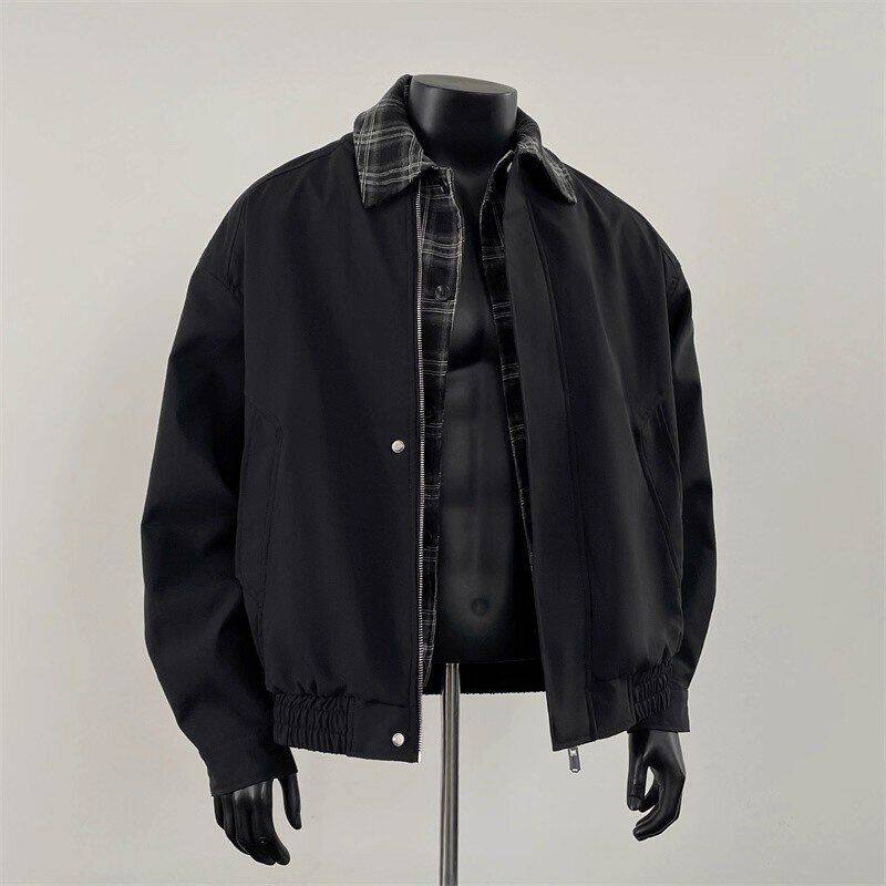翻领假两件拼接秋冬棉服夹克痞帅外套复古新款潮牌美式男工装格纹