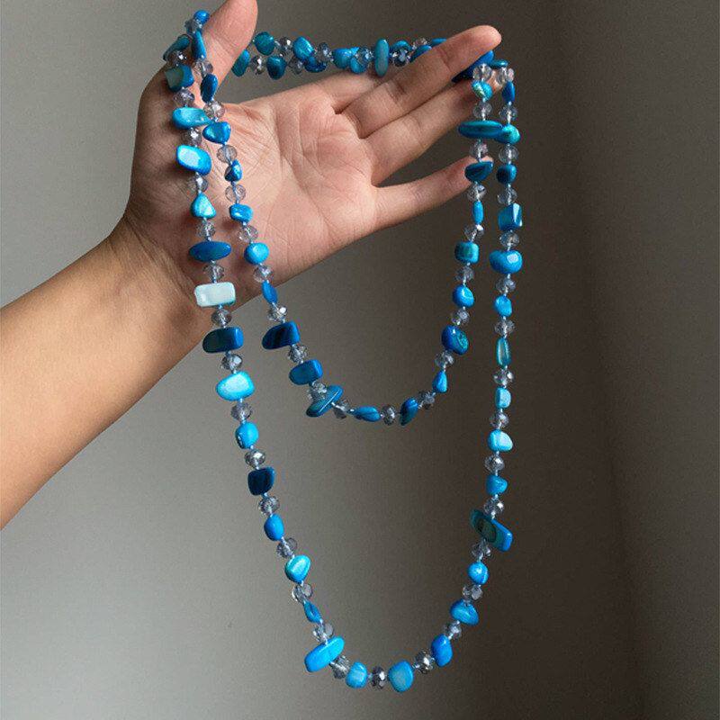 项链戴颈链高级感小众不规则串珠蓝色长款叠女设计感个性百搭配饰