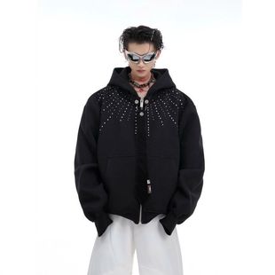 卫衣细闪开衫c美式leanfit可拆卸套头衫外套领带连帽复古潮牌烫钻