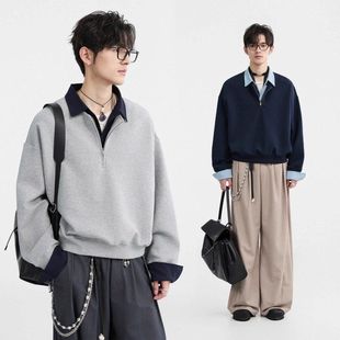 宽松假两件c[套头卫衣男潮拉链半2025撞色anfit春季]le衬衫领设计