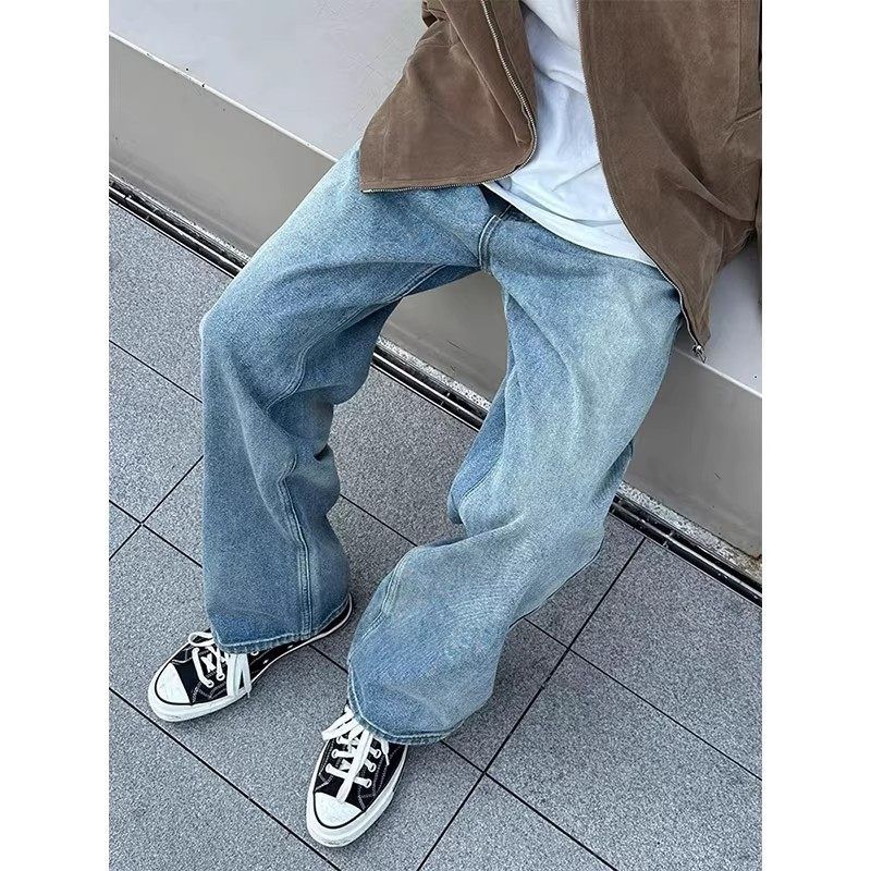 裤子男款浅蓝色搭宽松慵懒韩系松弛直筒感穿牛仔裤休闲裤夏季阔腿