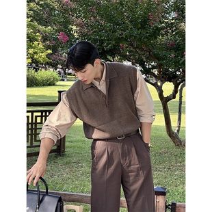 olo领秋季日系坎肩复古马甲穿毛衣外套棕色针织衫轻熟背心男风叠p