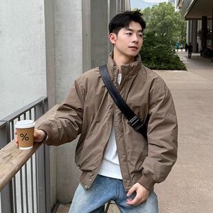 男款高智感棕色立领冬季轻薄风简约短款棉衣外套夹克轻熟棉服保暖