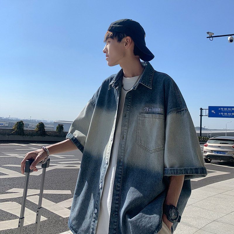 潮牌高街痞帅五分袖外套牛仔半截夏季短袖衬衫男渐变色袖港风衬衣