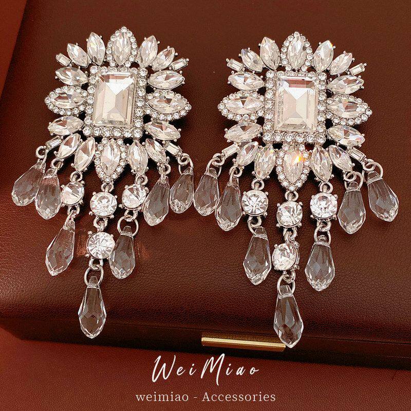 夸张耳饰轻奢高级感耳环水滴玻璃欧美风小众方形流苏耳钉镶钻银针