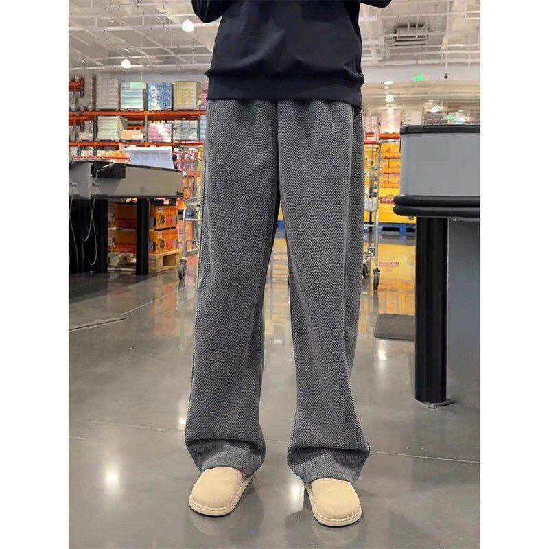 弯刀秋冬针织男款重磅深灰色美式卫裤休闲裤厚人字纹加绒宽松裤子