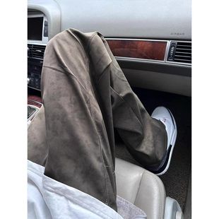 anfit春秋裤子美式暗纹工装裤弯刀直筒c棕色宽松复古男款le阔腿裤