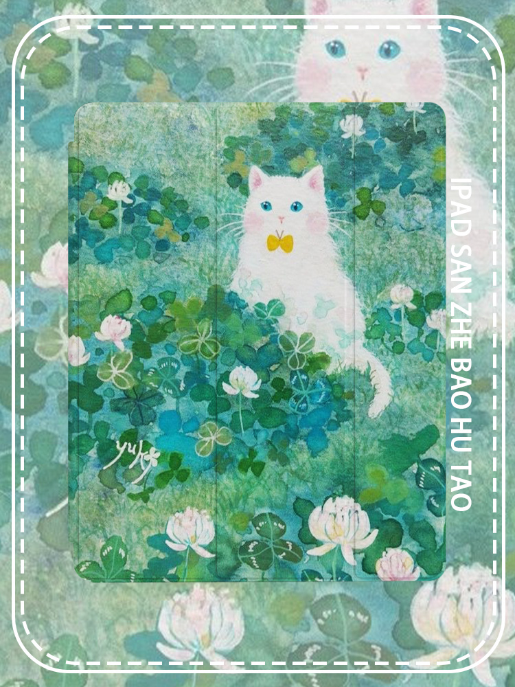小清新文艺复古油画可爱小猫适用于iPadPro2020款Air4/5保护套苹果mini三折书本磁吸保护壳iPad7/8/9代带笔槽