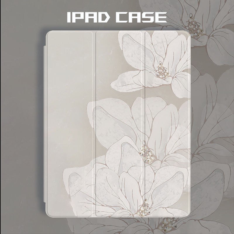简约小众唯美白玉兰花适用于苹果iPadAir2/3/4磁吸保护壳Pro第7/8/9代ipad6/7/8保护套mini5/6三折气囊带笔槽