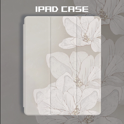 简约小众唯美白玉兰花适用于苹果iPadAir2/3/4磁吸保护壳Pro第7/8/9代ipad6/7/8保护套mini5/6三折气囊带笔槽
