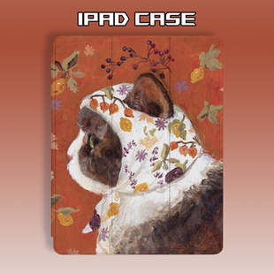 适用于iPadPro保护套Air4/5/6带笔槽mini5/6三折书本式原创小众可爱戴头巾猫咪12.9英寸第7/8/9代24款保护壳