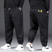 秋冬款 子 胖子肥佬束脚长裤 松紧腰牛仔裤 男宽松弹力哈伦加肥加大码