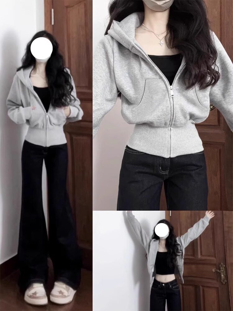 Coat gray short sweatshirt for women 2025 new autumn and winter Korean style slim fit waist-cinching hooded top early autumn wear
