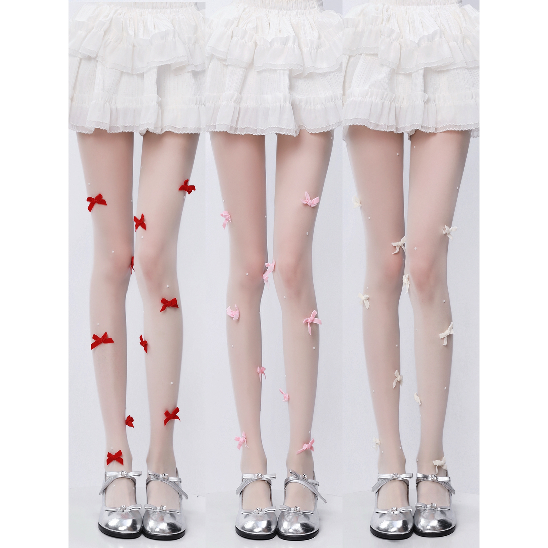 无印风日本原单蝴蝶结丝袜女Lolita薄款性感JK袜子芭蕾风珍珠防勾