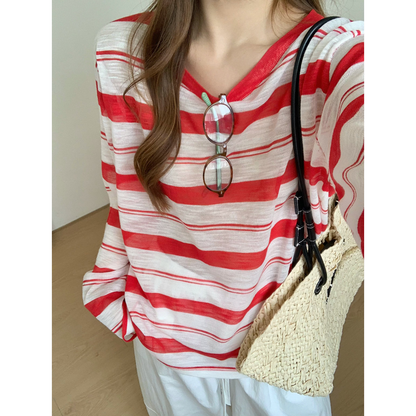 白韩系红白条纹慵懒防晒罩衫女夏季新款休闲松弛感百搭宽松针织衫