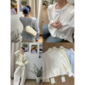 TITISHOP26年早春法式 巨好看独特别致衬衫 花边下摆长袖 宽松娃娃衫