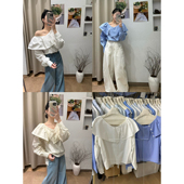 TITISHOP26年早春韩系一字领荷叶边设计感小众洋气减龄小衫