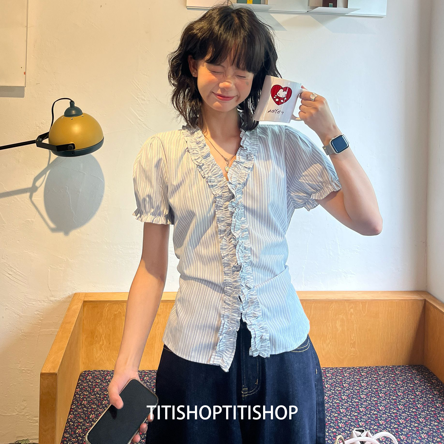 TITISHOP荷叶边条纹衬衫