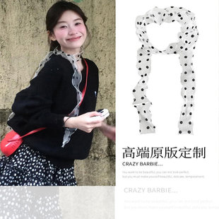 超美氛围感!黑波点白丝巾寄脖脖子配饰丝带绑头发发带气质高级感