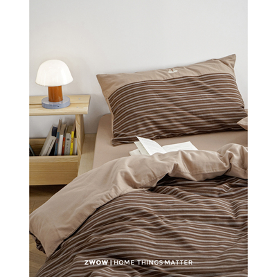 造卧zwow【花栗松鼠】全棉双层纱棕色条纹松鼠刺绣撞色床上四件套