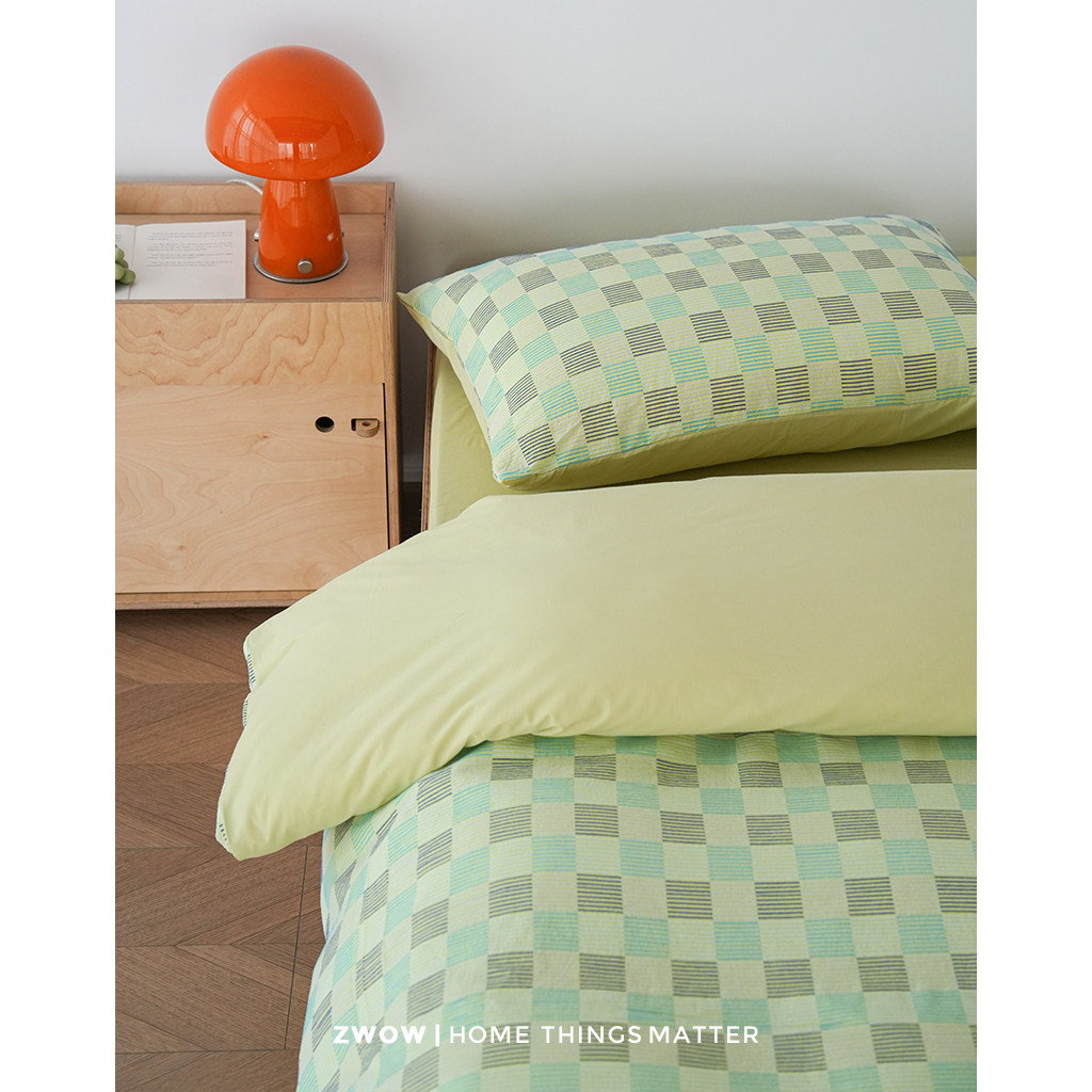 造卧zwow2026新款全棉色织提花黄绿色系格子条纹床单床笠四件套