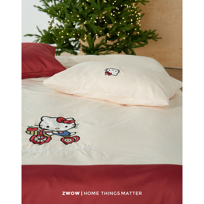 造卧zwow正版hellokitty长绒棉圣诞新年磨毛红色儿童房女生四件套