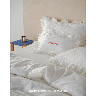 全棉亲肤床单床笠四件套 肌理感提花白色花边法式 造卧zwow 花边