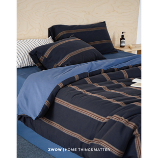 造卧zwow【夜空蓝】复古全棉色织缎纹提花深蓝棕色床单床笠四件套