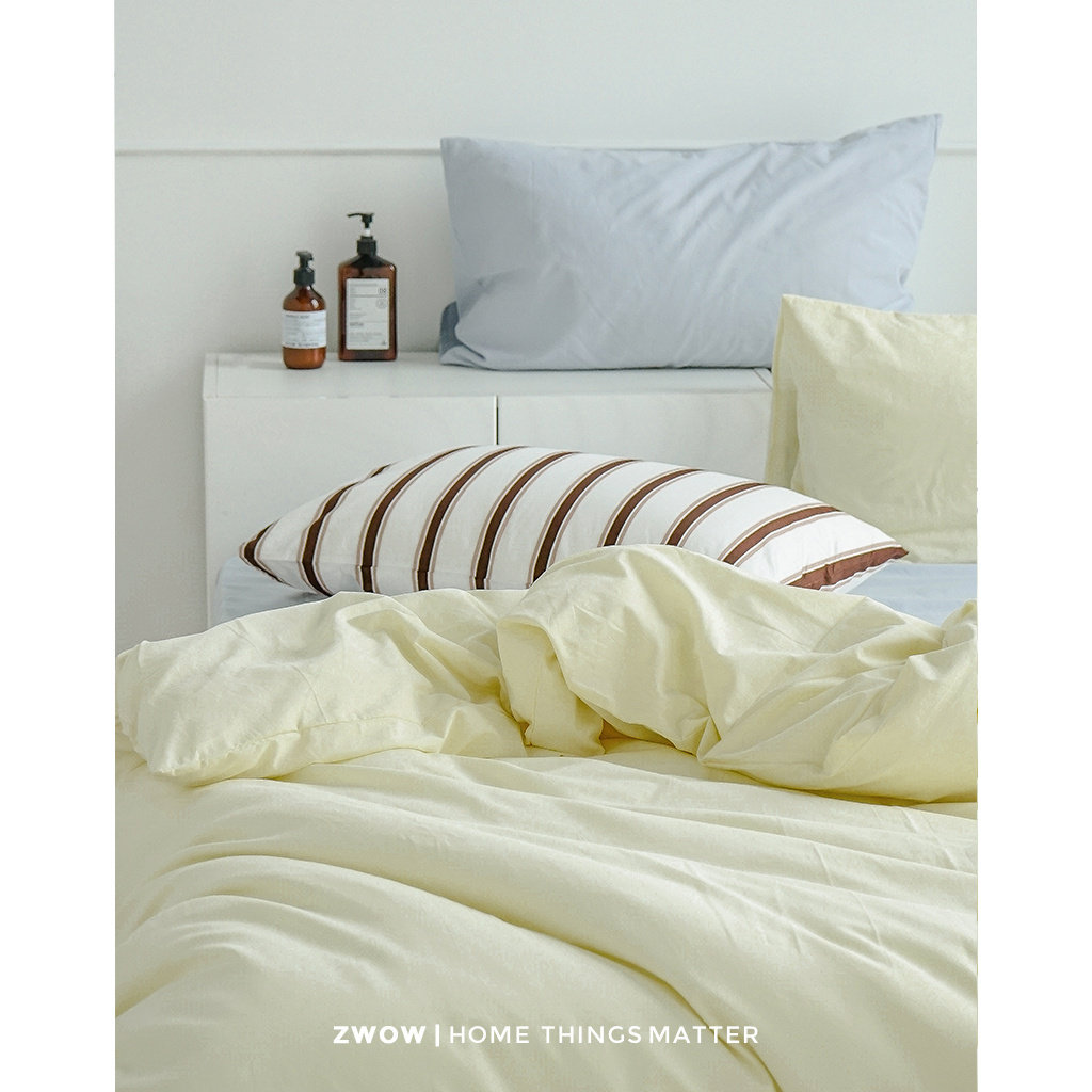 造卧zwow水洗全棉ins蓝浅黄撞色简约柔软裸睡床单笠三四件套