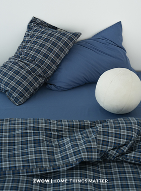 造卧zwow【交蓝】全棉纯棉多股纱蓝色格子撞色复古床单床笠四件套