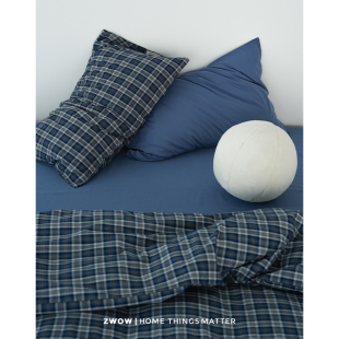 造卧zwow 全棉纯棉多股纱蓝色格子撞色复古床单床笠四件套 交蓝