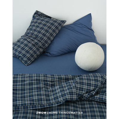 造卧zwow【交蓝】全棉纯棉多股纱蓝色格子撞色复古床单床笠四件套