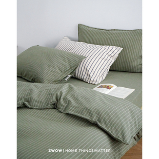 造卧zwow 全棉色织缎纹墨绿色北欧森系床单被套四件套 丹麦绿条
