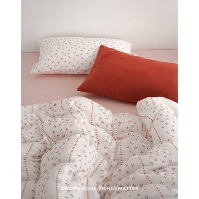 造卧zwow【樱桃园】A类双层皱皱纱樱桃印花粉色亲肤床单笠四件套